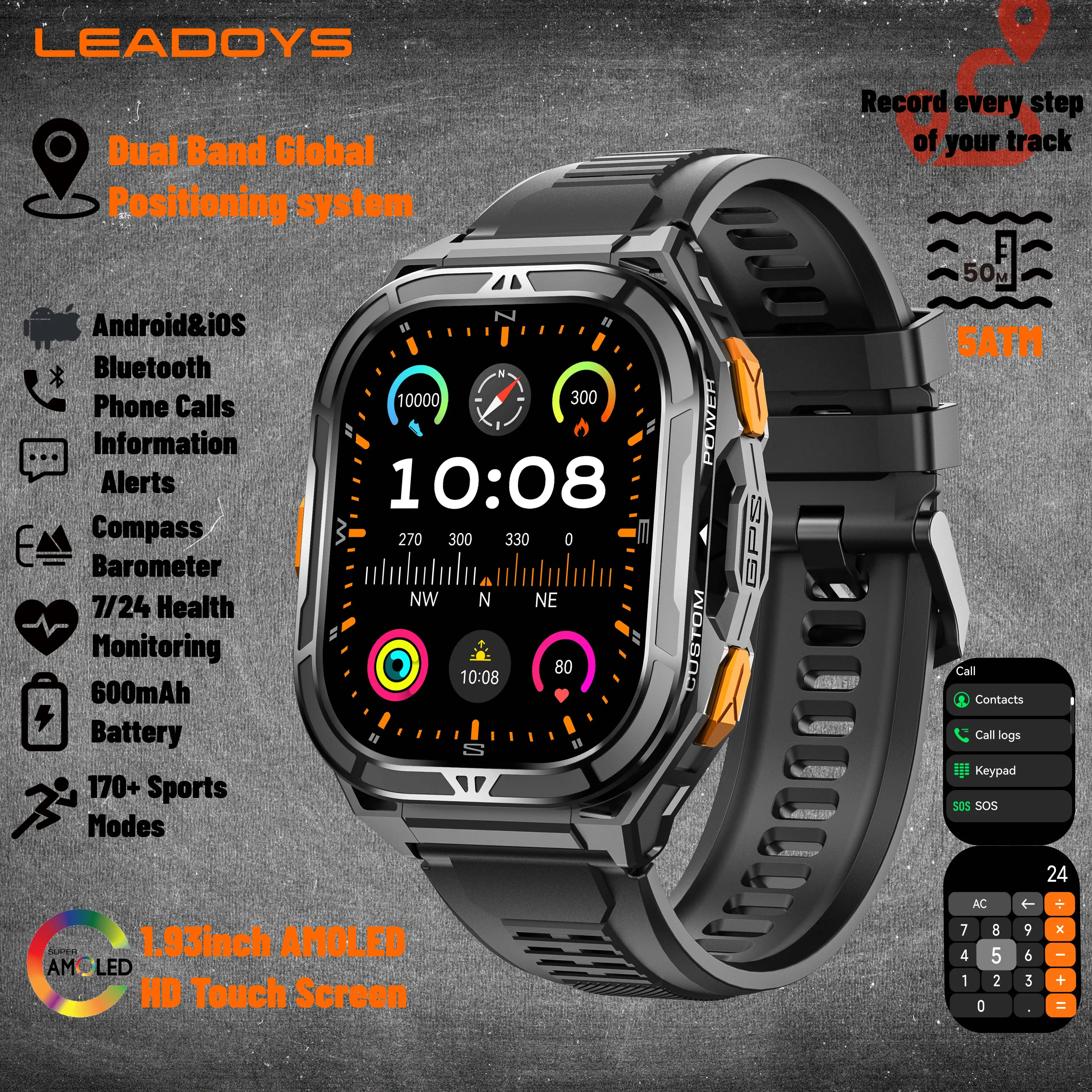 

2026 GPS Смарт-часы для мужчин Прочный уличный браслет Duan Точное спортивное отслеживание 7/24 Мониторинг здоровья 1,96-дюймовый AMOLED-дисплей