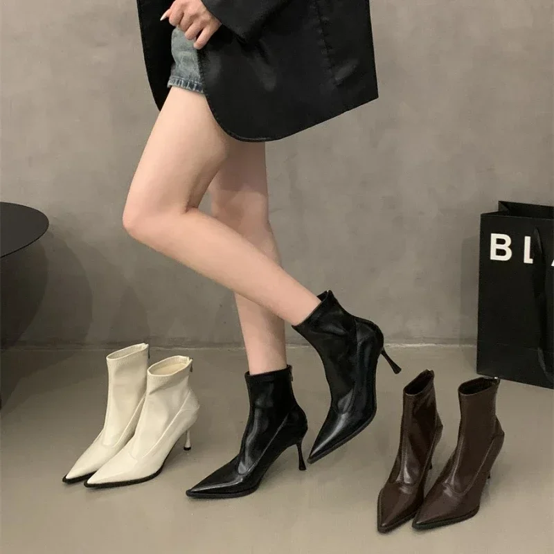 Kobiety Slim Ankle Boots Fashion Elegant Pointed Toe Soft Leather Shoes Thin High Heel Autumn Winter Women\'s Morder Short Booties