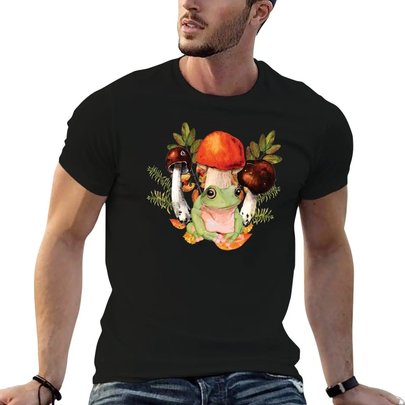

Watercolor Frog Mushrooms Leaves in Autumn T-Shirt t shirts for man graphic tees t shirt man cotton T-Shirt
