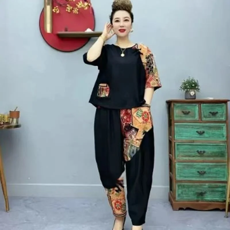 Women's Fashion Casual Suit 2023 Summer New Plus Size Clothing Loose Cotton Linen Tops And Harlan Long Pants Two Piece Set Women