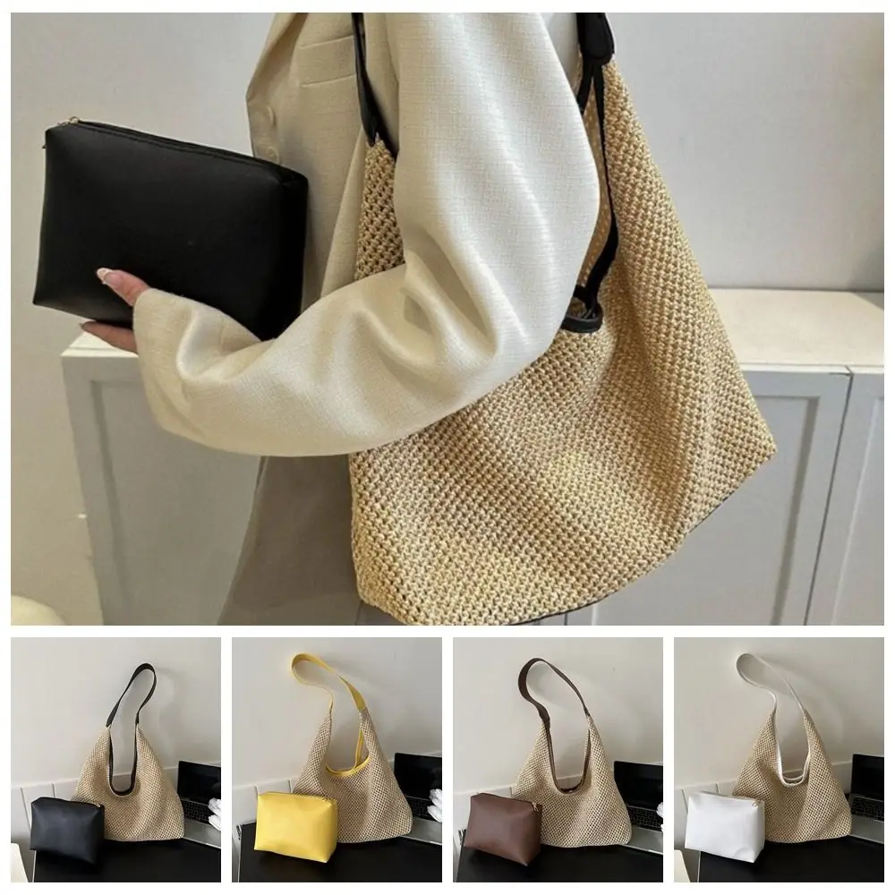

Casual PU Leather Weave Straw Bag with Clutch Bag Bohemian Style Beach Hobo Bag Handbag Large Capacity Shoulder Bag Vacation