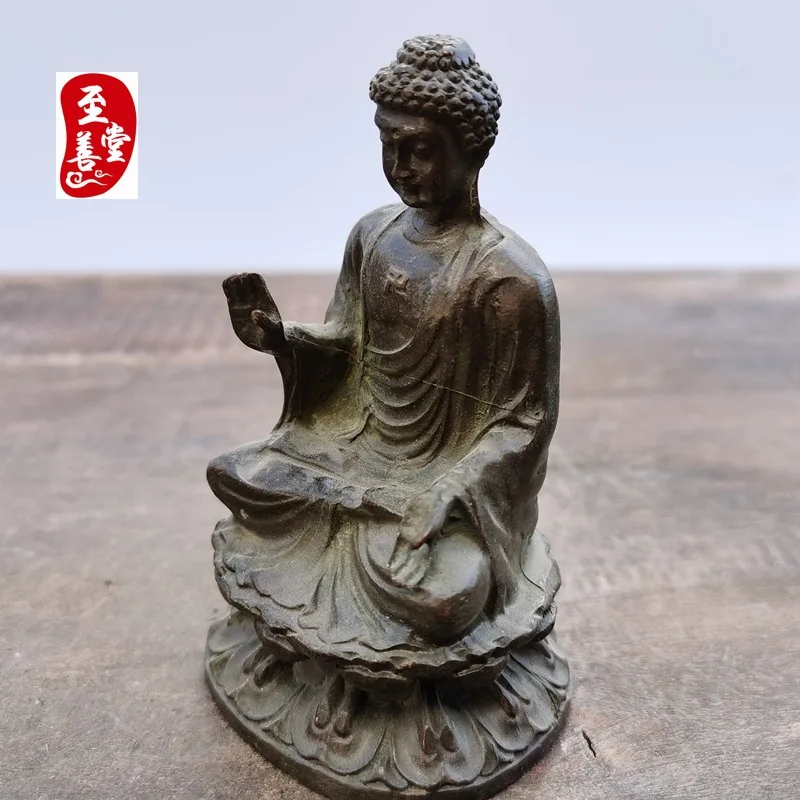 Antique Collection: Old Patina Alloy Bronze Sitting Shakyamuni Buddha Statue for Living Room Decoration5x9.5CM