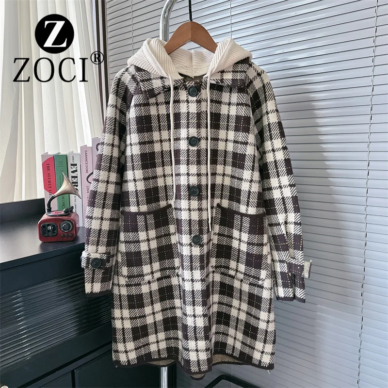 [ZOCI] 2024 Autumn Winter Knitted Hooded Checkered Woolen Coat For Women, Loose And Slim, High End, Medium To Long Coat,