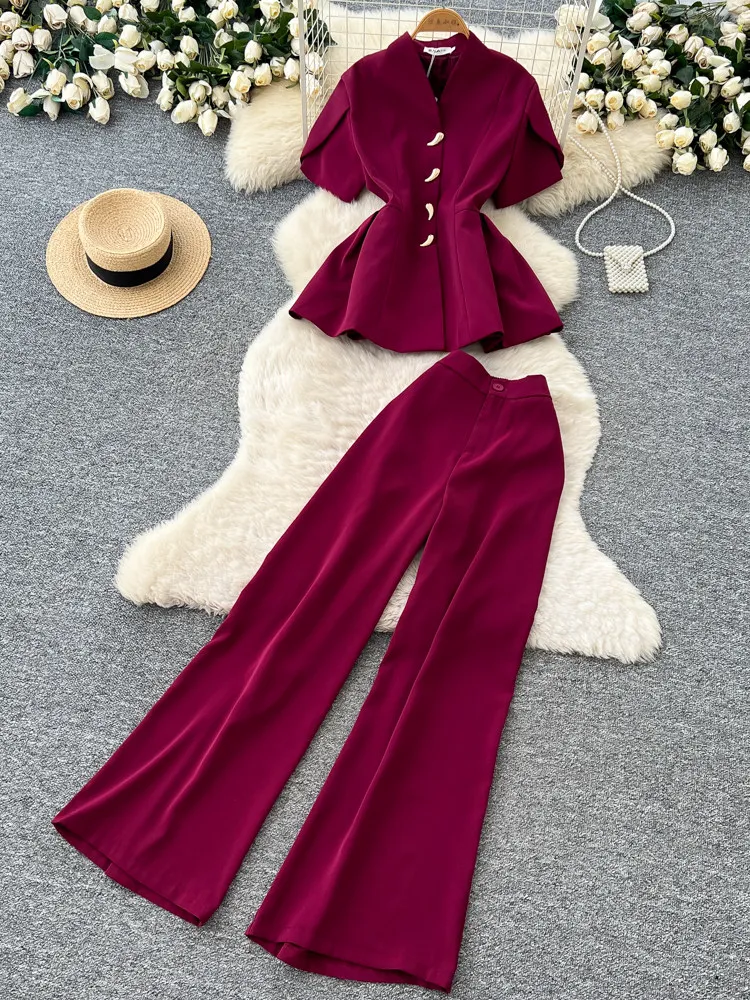 

Light mature style commuting two-piece set women spring and summer waist cinched short sleeved top high waist wide leg pants