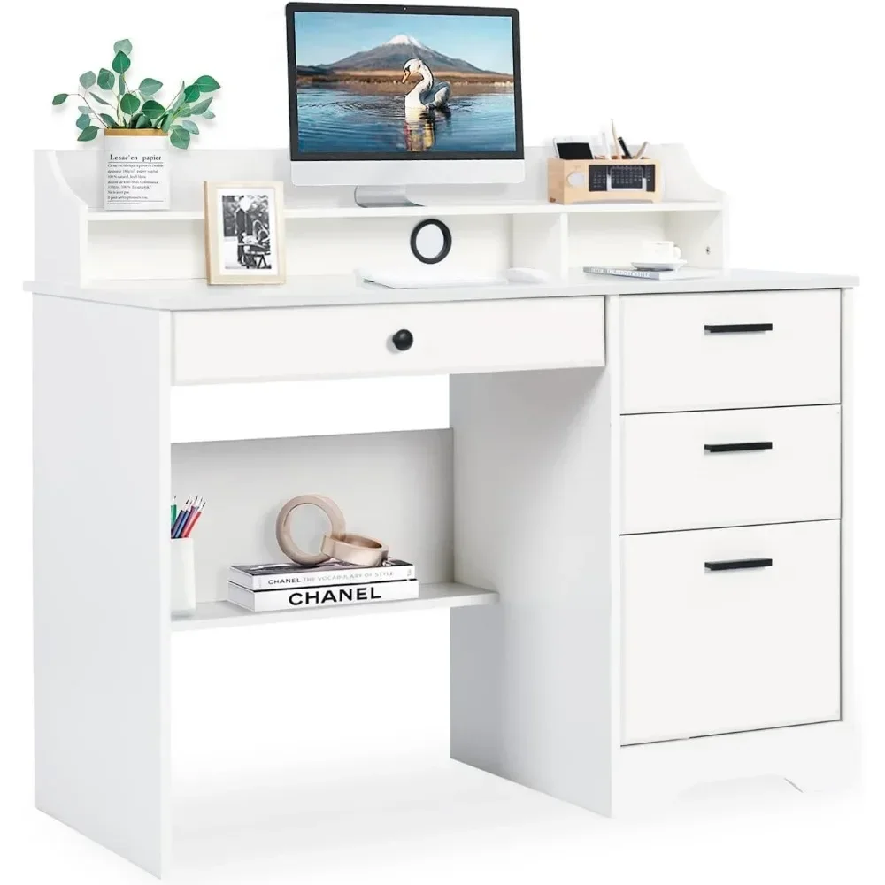 Mesa com gavetas e armazenamento, Home Office Desk, mesa de computador com 4 gavetas e Hutch, pequena mesa branca