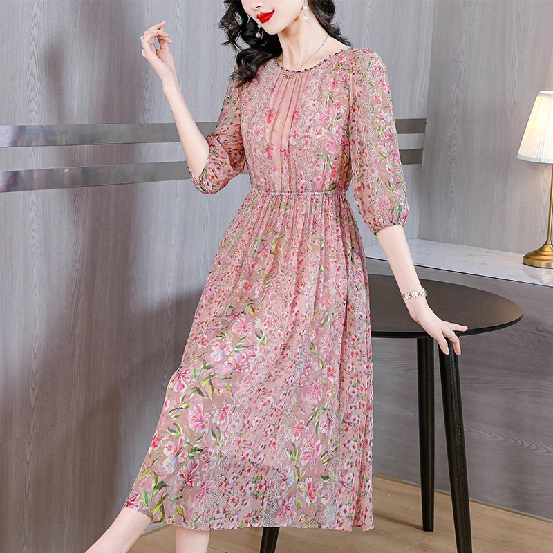 ZUO MAN RU 2023 Summer Women's Pink Silk Short Sleeve Dress Flower Print Long Dress Loose Large O-Neck Knee Length Slim Robe