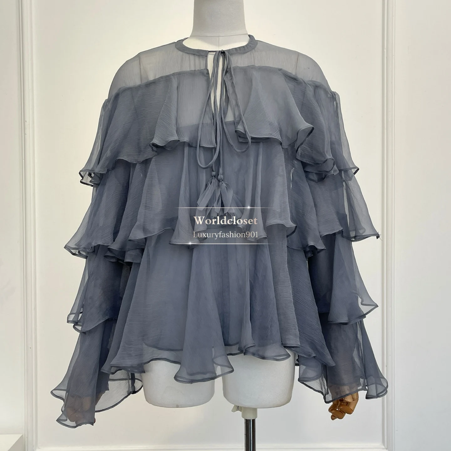 

Slate Blue Sheer Chiffon Tiered Ruffle Blouse with Neck Tie and Elastic Waist Flowy Skirt Romantic Outfit Two-Piece Set