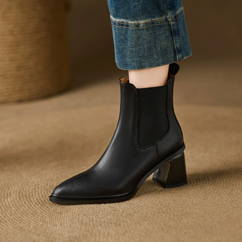 NEW Autumn Women Boots Split Leather Shoes for Women Pointed Toe Chunky Heel Shoes Slip-on Chelsea Boots Concise Daily Shoes