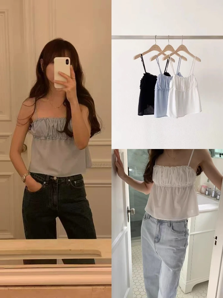 

Sweet Pure Color Ruffle Trim ter Top Slimming Gentle Summer 2025 ort Sle Bal Women's Vest Top Faion Trend