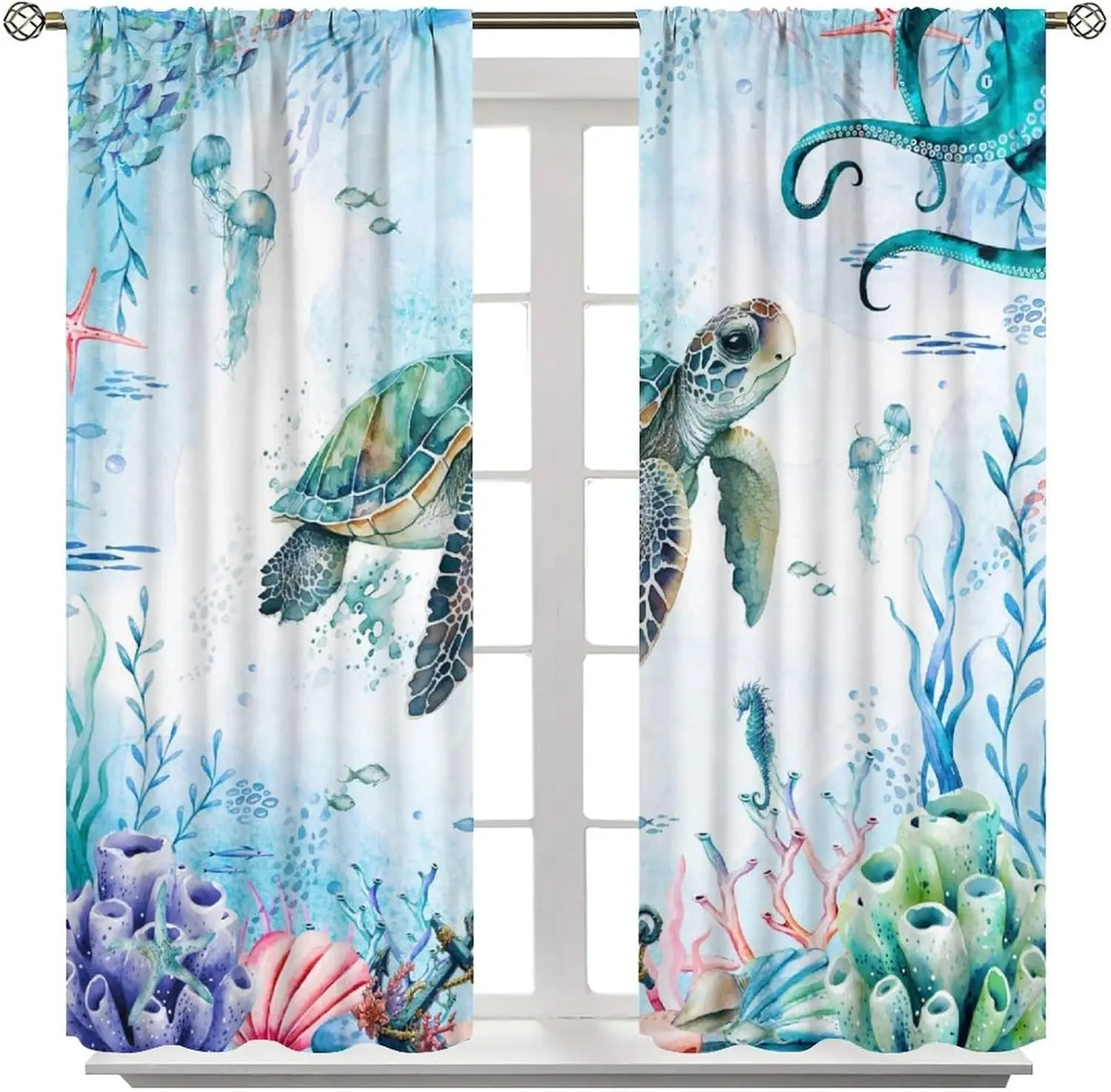 Turtle Ocean Curtains, Watercolor Cartoon Sea Animals Octopus Coral Shell Seahorse Jellyfish Window Treatments Drapes for Kids