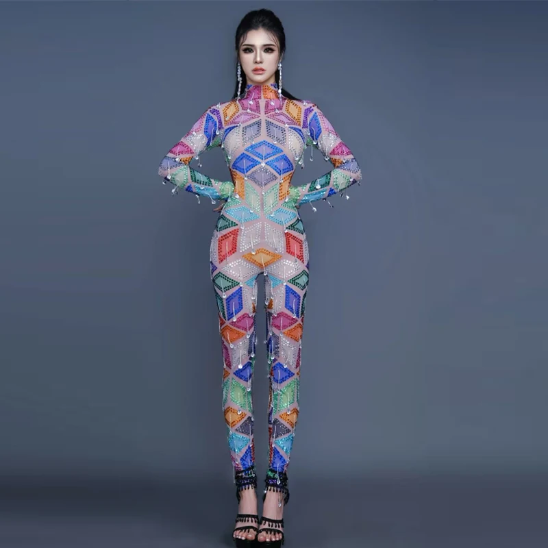Body con diamantes de imitación coloridos para mujer, vestidos de noche para celebrar, disfraces de baile Gogo, trajes de baile en barra de Halloween, trajes Rave XS9879