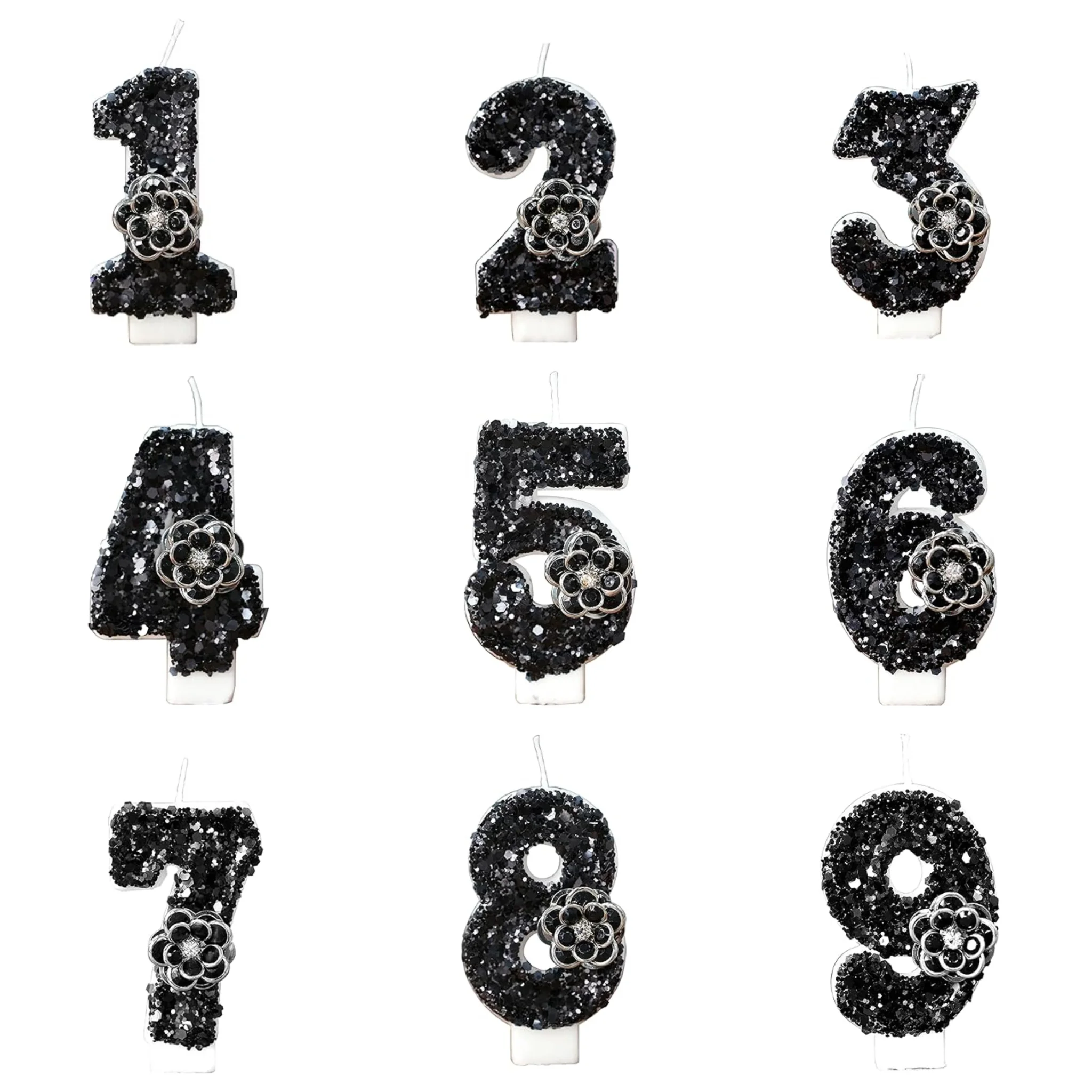 1PC Numbers Candles Birthday Cake Candle Black Sparkle Glitter for Wedding Party Decoration Number 0-9 Candles Supplies