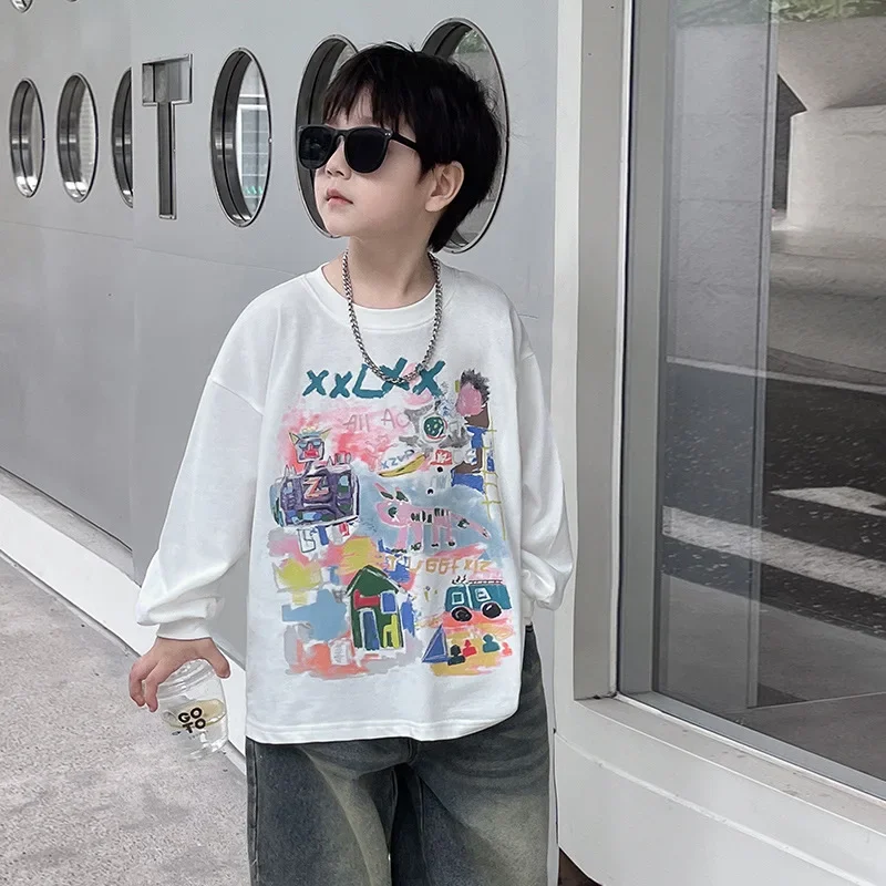 2024 Autumn New Kids trebdy T-shirts cartoon printed Children\'s Clothing Tee Boys soft loose long sleeve Tops