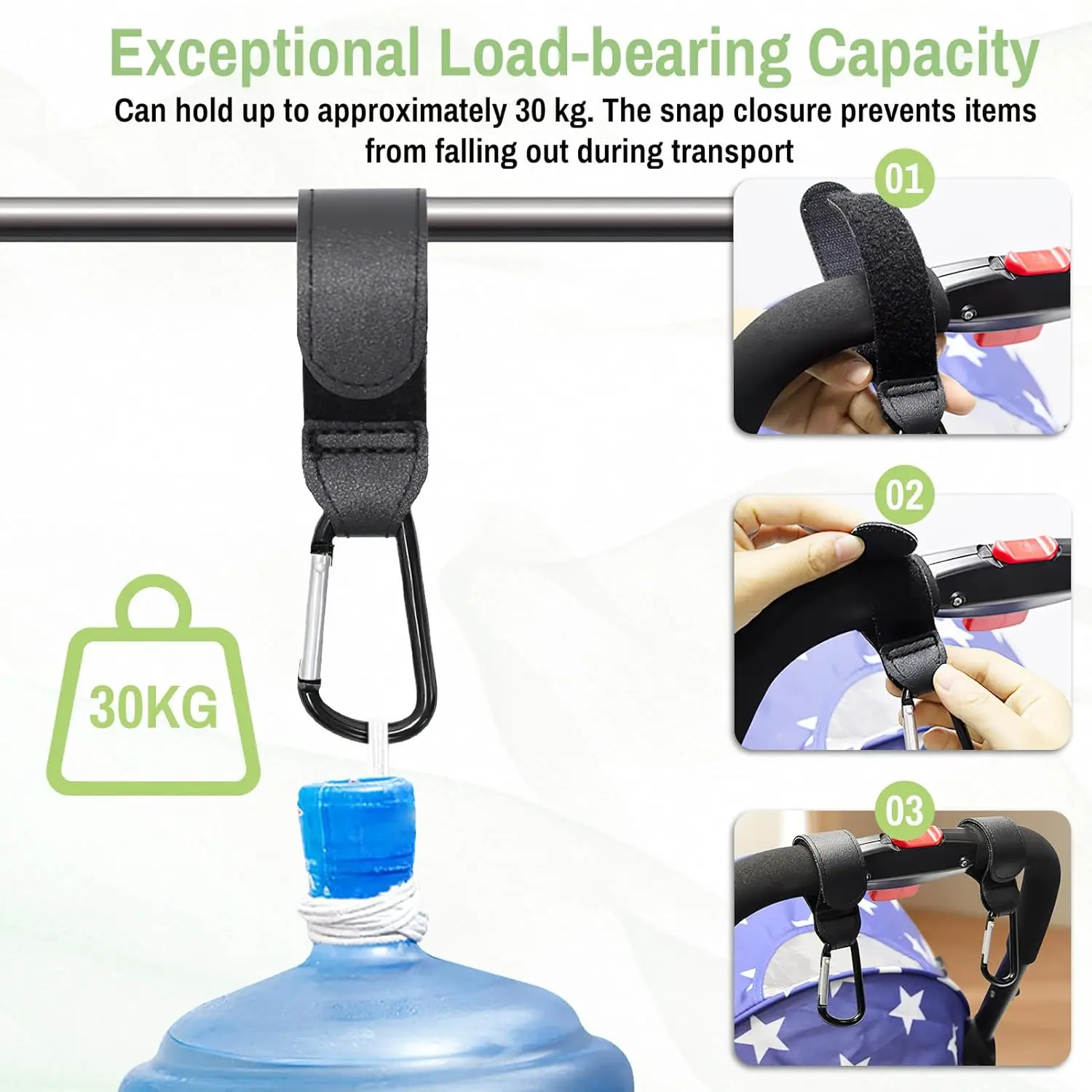 خطافين لعربة الأطفال من جلد البولي يوريثان، سعة تحميل 30 كجم تدور 360 درجة، مناسبة لعربات الأطفال وما إلى ذلك