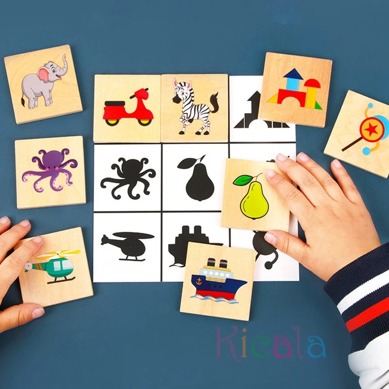 Montessori Wooden Shadow Puzzle para Crianças, Veículos, Animais, Cognição, Brinquedo Combinar, Aprendizagem, Tabuleiro Educativo, Jogo de Brinquedos