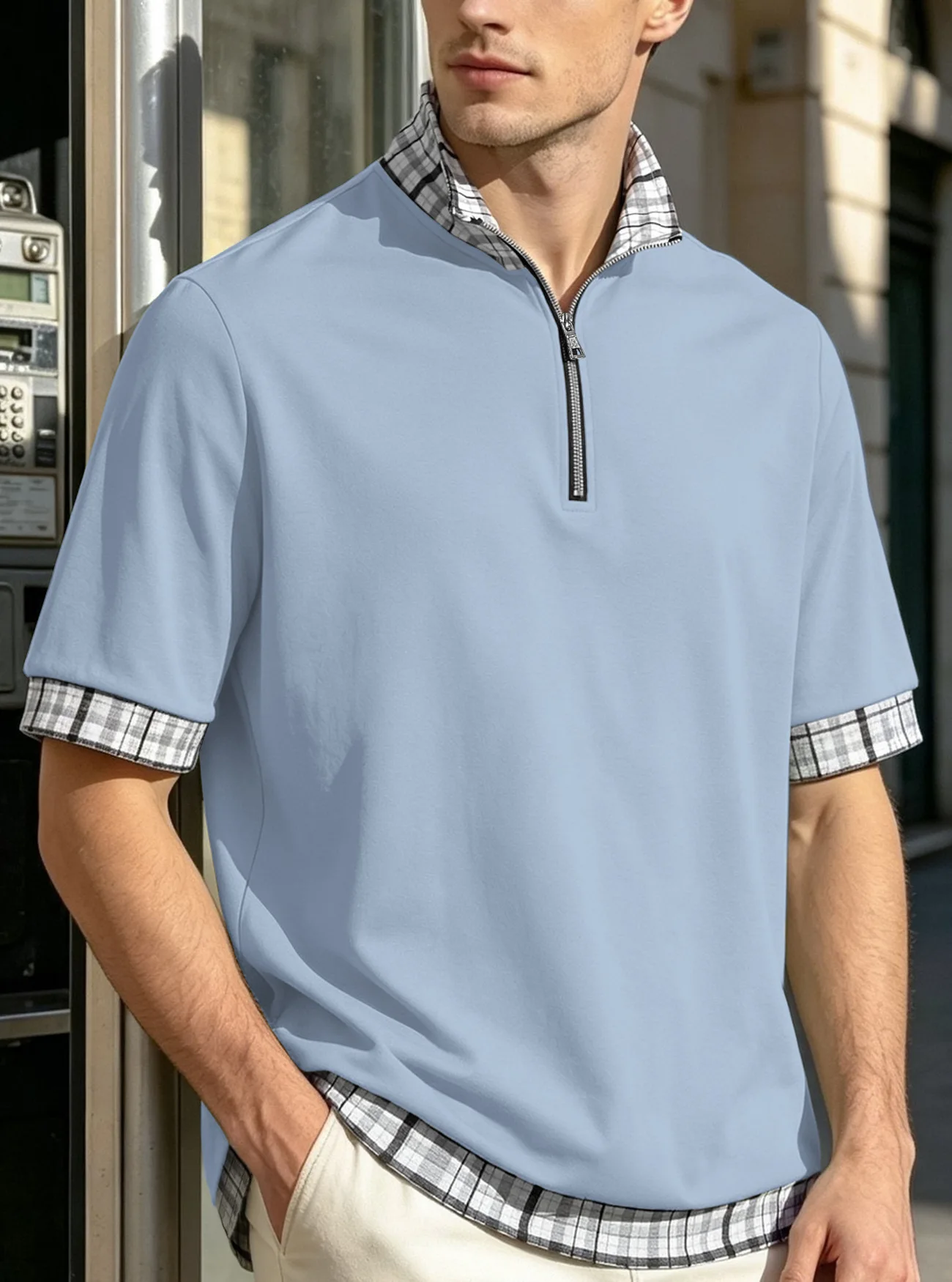 New men's pure cotton patchwork collar casual business shirt with half-zip short-sleeved polo shirt
