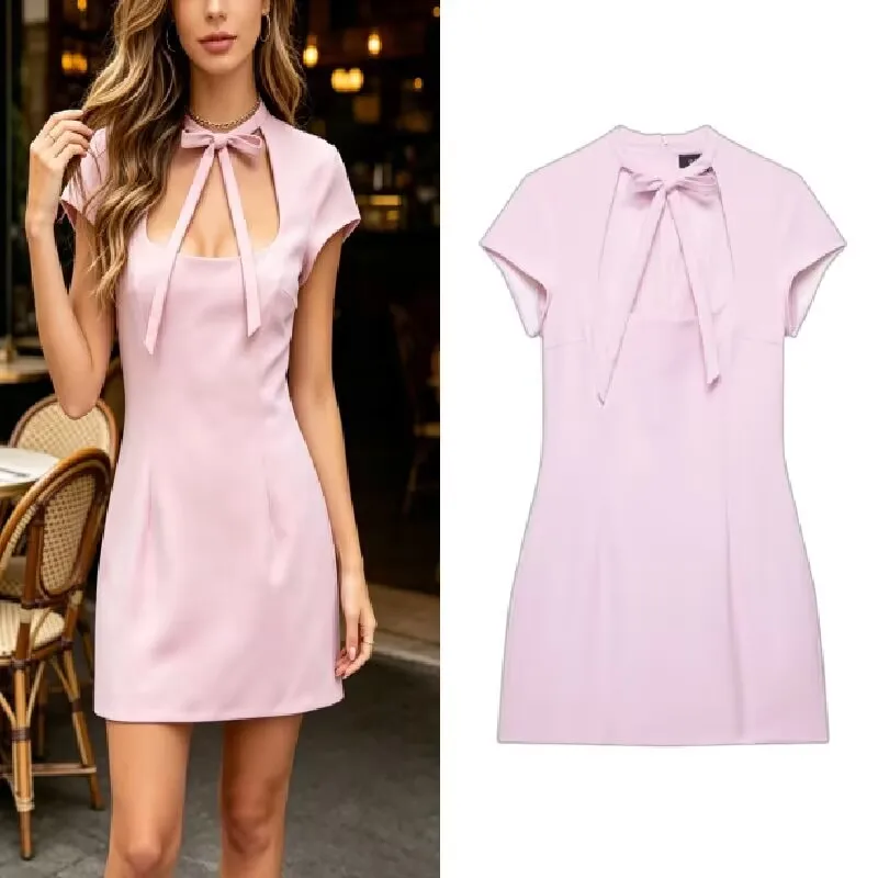 Vestido Mini con Lazo Frontal para Mujer, Cuello Cuadrado, Manga Corta, Color Sólido, Vestido de Verano 2026, Casual, Chic, Sencillo, Vestido Diario para Mujer