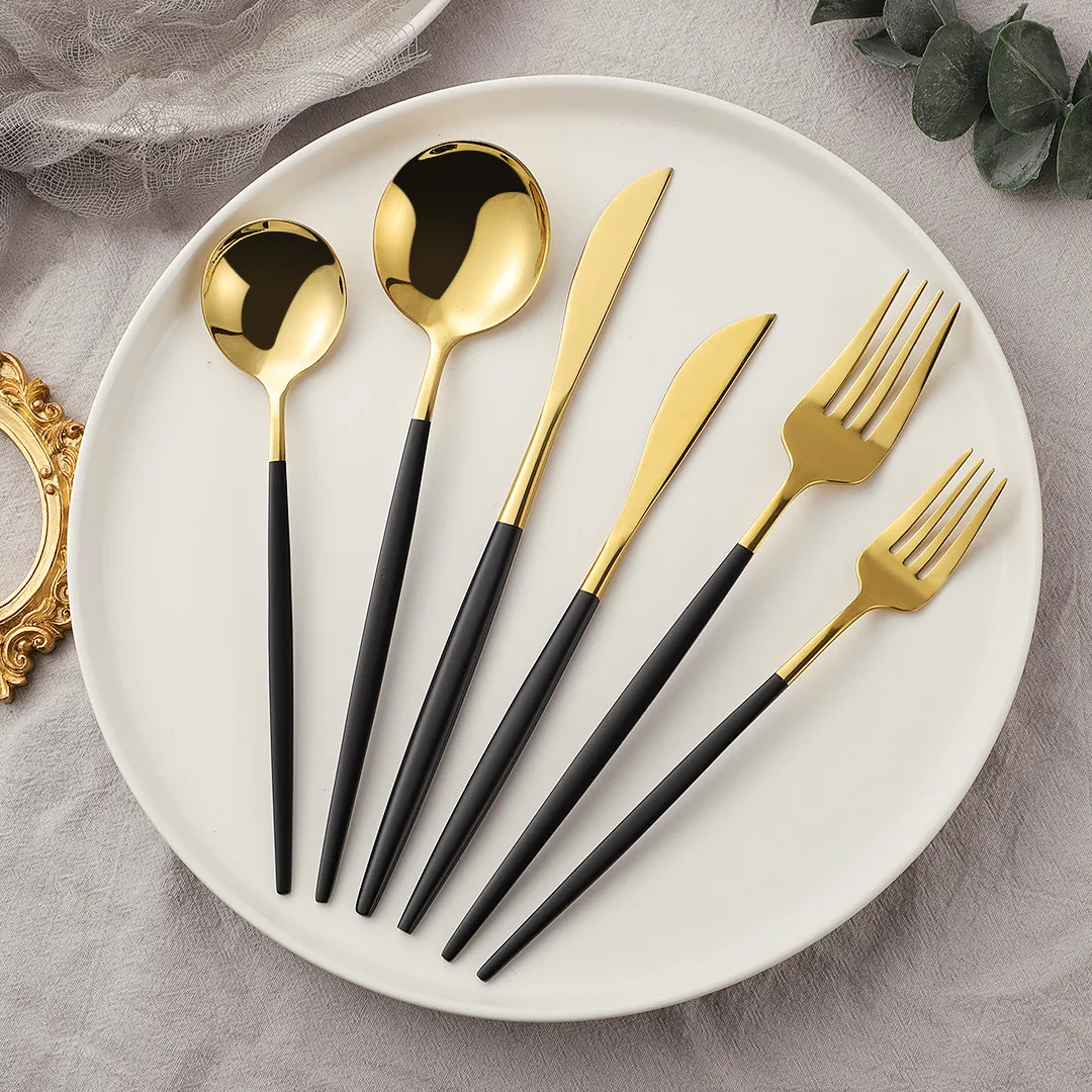 

Black Gold Cutlery Set Stainless Steel Dinnerware set 6pcs soup spoon steak knife dinner fork Set Tableware Eco Friendly