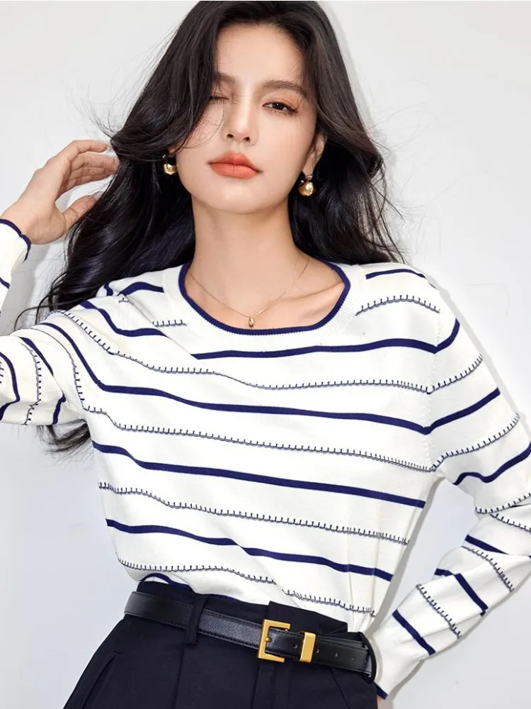 Blue And White Striped Knitted Top For Women'S Spring And Autumn New Style Versatile Round Neck Minimalist Top