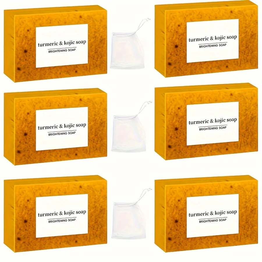 6PCS Turmeric Granular Soap with Three Bubble Nets Set, Turmeric Lemon Tartaric Acid Soap Deep Cleansing Skin, whitening soap