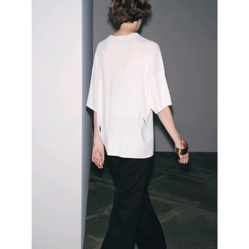 T-shirt lavorata a maglia rotonda Ne ort Sve dalla vestibilità ampia Sle da donna Nuovo arrivo invernale Faion Design semplice in fibra di poliestere