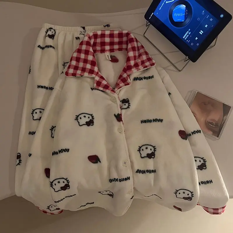 

Женский фланелевой пижамный комплект Hello Kitty 2025 года, осень-зима, свободный плюшевый кардиган, уютная одежда для сна и домашняя одежда для дома