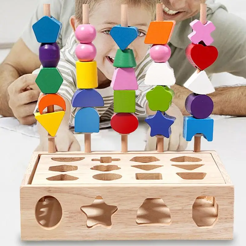 Montessori Wooden Beads Sequencing Toy Set Colorful Fun Stringing Beads Building Blocks Wooden Lacing Toy Educational Fine Motor