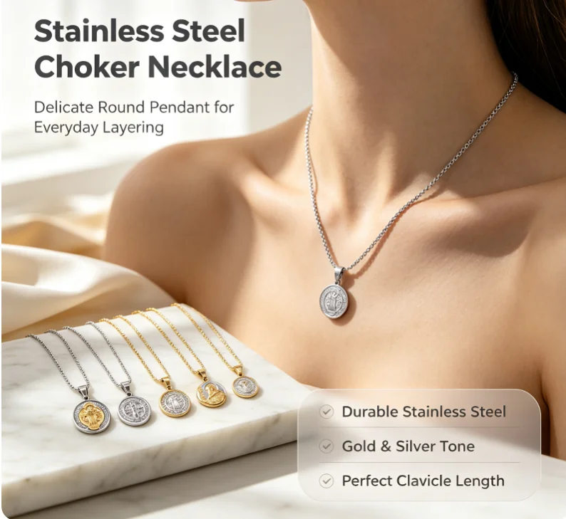 Polished Stainless Steel Round Saint Benedict Exorcism Pendant Necklace Religious Jewelry for Church Prayer Souvenirs