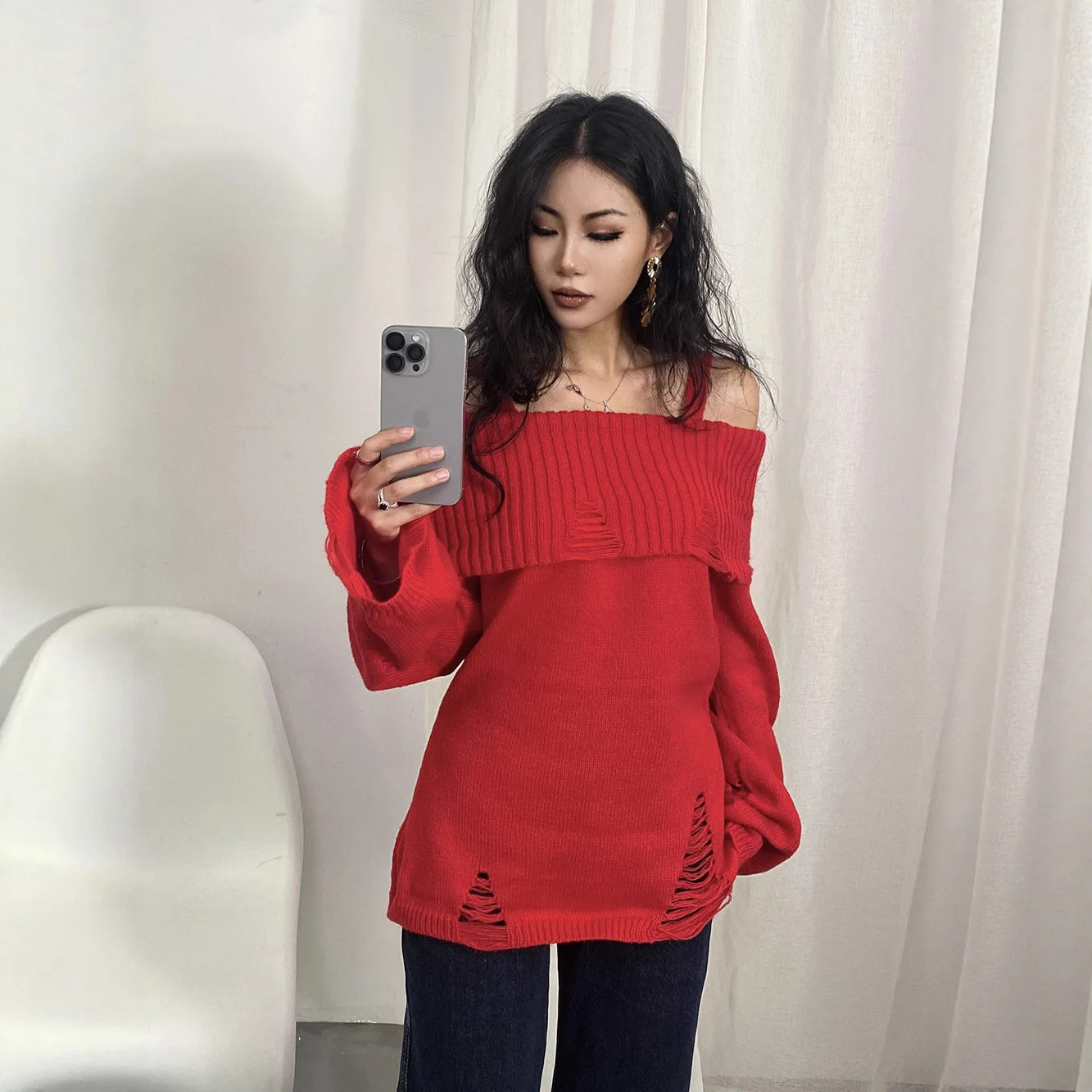 Elegant long sleeved camisole knitted sweater Off Shoulder Holes Long Sleeve Pollover Sweater Fashion Casual Chic Female Sweater
