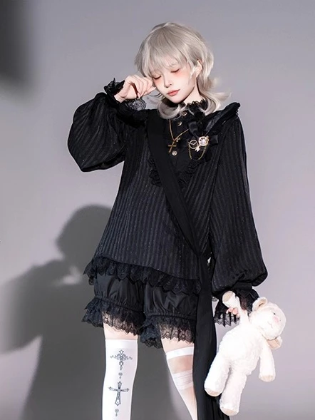 

Original Lolita Prince Style Shorts Sets Cosplay Stage Costume Harajuku Retro Lantern Sleeve Shirt Puffy Shorts Two Piece Set