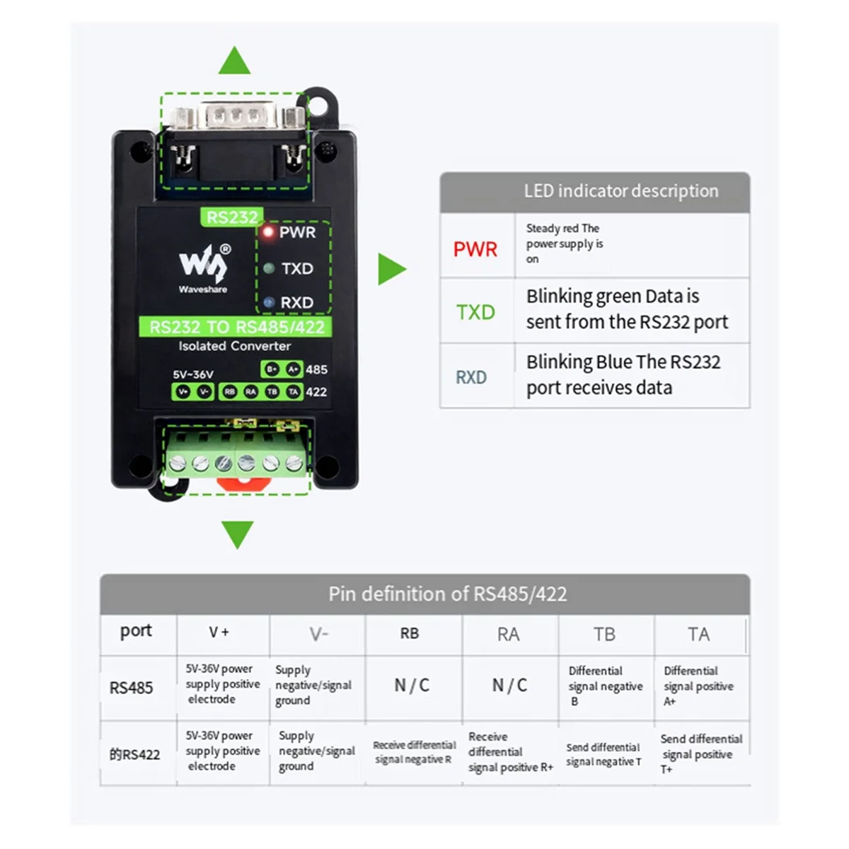 RS232 to RS485/422 Active Digital Isolated Multi-Functional Convenient and Practical Female Interface Serial Converter