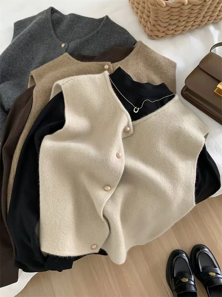 Cárdigan de punto elegante coreano para mujer, suéter sin mangas de una sola botonadura, Tops informales ajustados para mujer, otoño