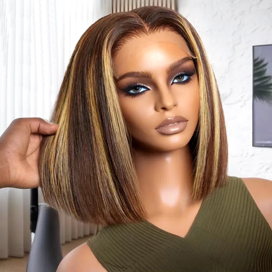 

220% Density Short Bob Wigs Highlight Straight HD Lace Front Wigs Blonde 13x4 Transparent Lace Front Wig 100% Human Hair 14 Inch
