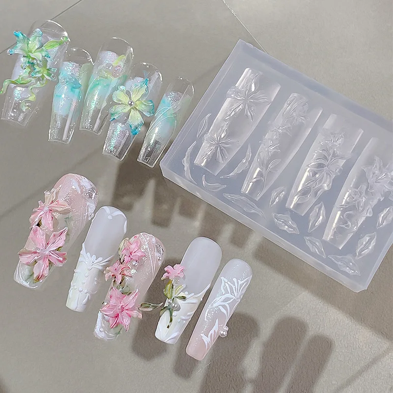 KANIU Nail Art 3D Silikonformen Elegante Schleife Lilienblütenblätter Blumenschnitzerei Vorlage Gemischte Form Stempelplatte DIY Nagelwerkzeuge