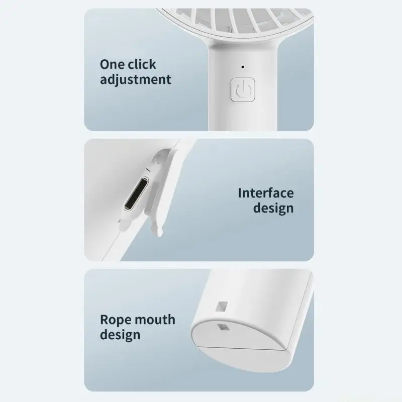 D0AB Portable Handheld Fan 1200mAh USB Rechargeable Desk Fan with 3 Speed Setting for Home Office Travel Use White
