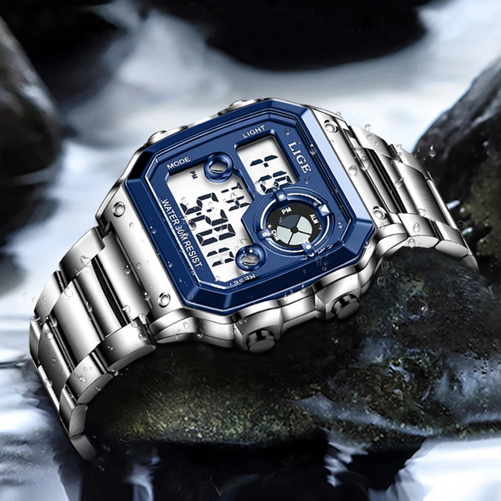 LIGE Square Fashion Luxury Electronic Man Watch Stainless Luminous Casual Sport Watches for Men Waterproof Week Alarm Date Clock