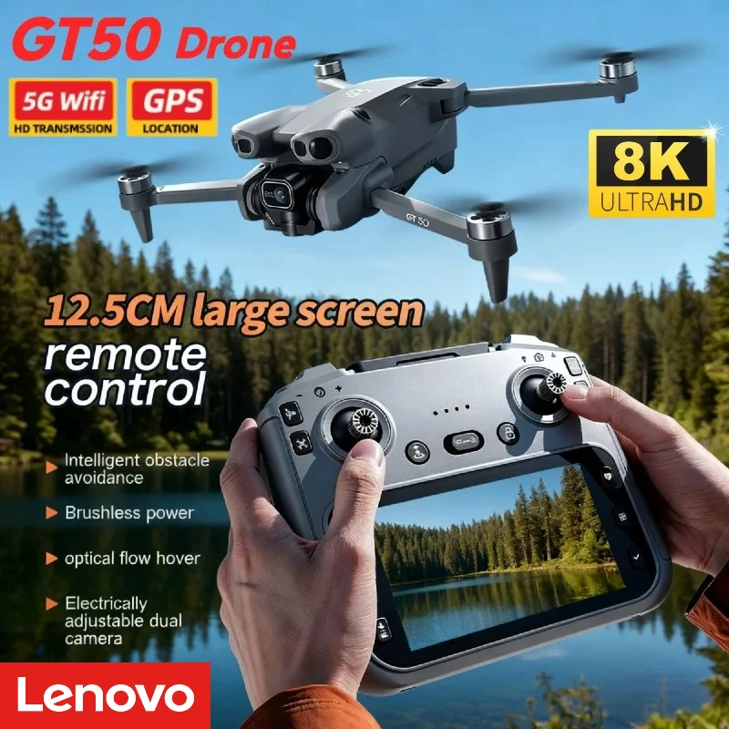 Drone Lenovo GT50 avec double caméra 5G 8K, évitement d'obstacles, GPS fixe, télécommande, quadricoptère pliable, cadeaux