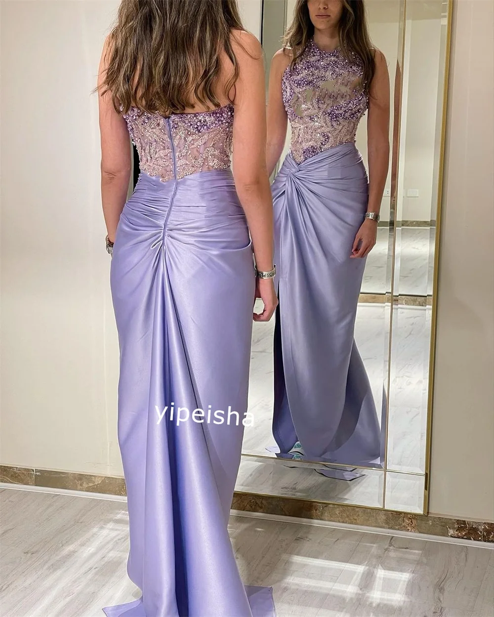 Customized  Evening Satin Pleat Beading Cocktail Party A-line O-Neck Bespoke Occasion Gown Long Dresses  Arabia