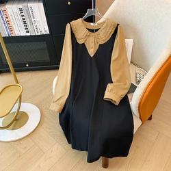 Women's plus size Fall Casual Dress Black Khaki patchwork design Baby collar MIDI skirt shirt sleeves commuter skirt Tea dress