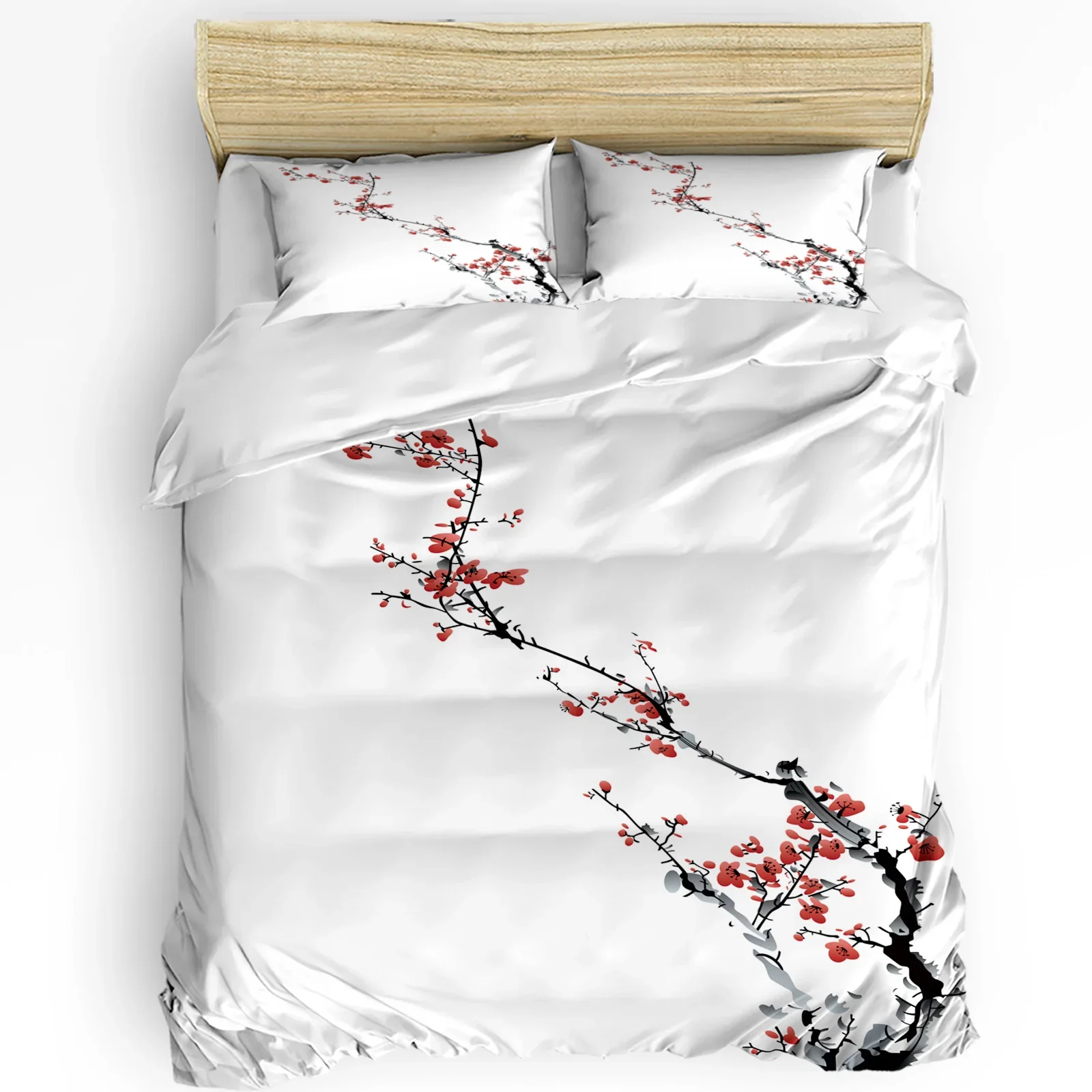 

Plum Blossom Ink Chinese Painting 3pcs Bedding Set For Bedroom Double Bed Home Textile Duvet Cover Quilt Cover Pillowcase