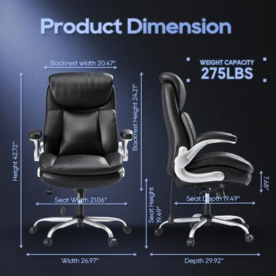 Chair Big and Tall High Back Executive Office Chair Ergonomic Home Computer Desk Chair with Padded Flipup Arms, Adjustable Lumba