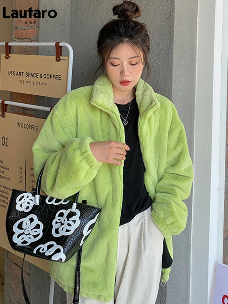 Lautaro Winter Oversized Bright Green Warm Soft Fluffy Faux Rex Rabbit Fur Jacket Women Zip Up Loose Casual Korean Fashion 2022