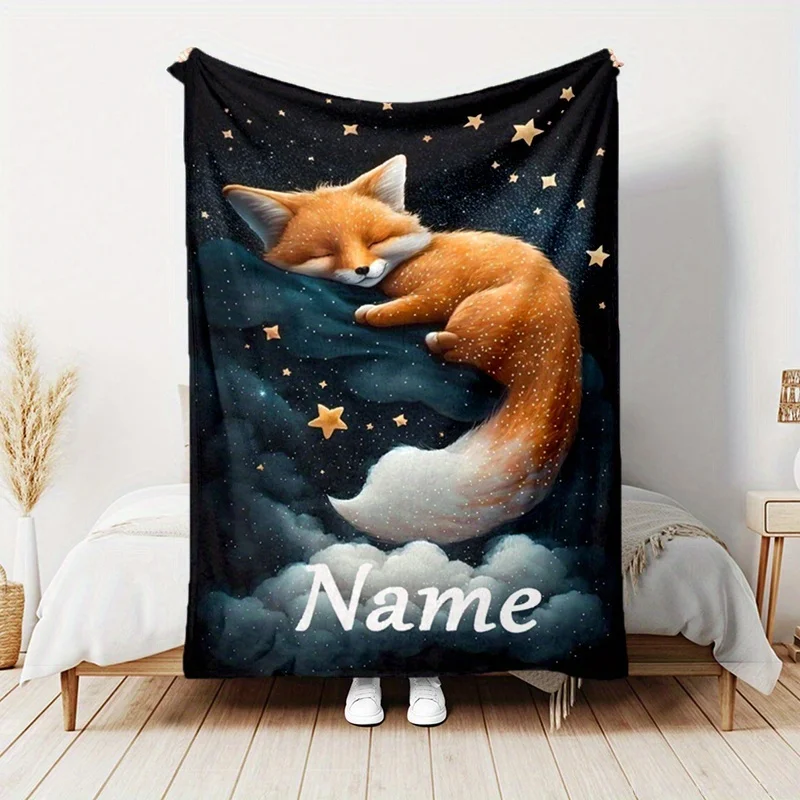 

Personalized Custom Name Fox Design Throw Blanket Ultra-Soft Lightweight and Machine Washable for Sofa Bedroom Travel-Friendly