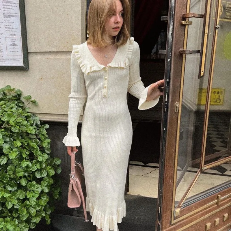 2024 High Waist Ruffled Maxi Dresses For Women Autumn Winter Knitted Slim Long Dress Women's Vintage Dress Woman Retro Elegant