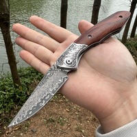 (Unlocked) Outdoor Damascus Steel Knife Folding Knife Tiger Teeth Steel Head Sandalwood Handle Camping EDC Knife