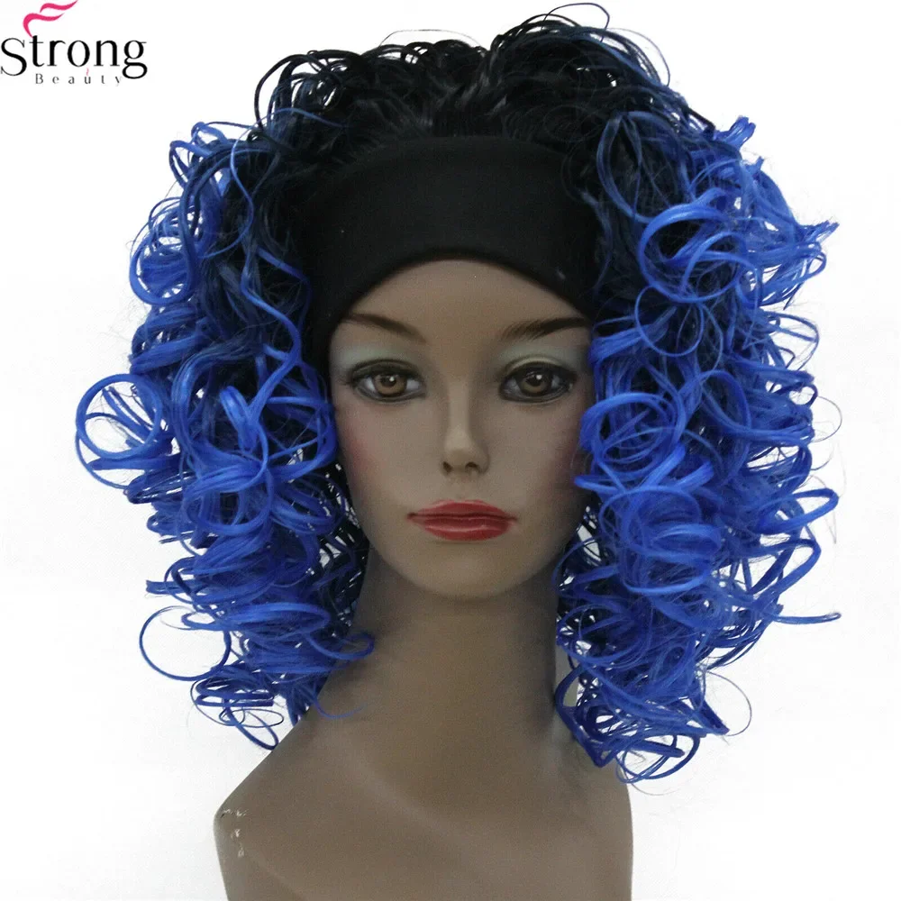 Strongbeauty peruca sintética ombre azul/cinza comprimento médio cabelo encaracolado perucas femininas