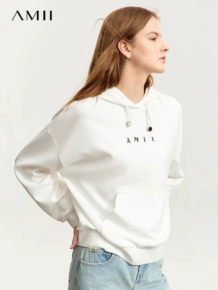 AMII Minimalist Hooded Hoodies for Women 2023 Sports Style Autumn New Loose Casual Office Lady Draw String Sweatshirts 12323129