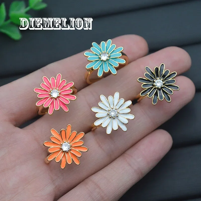 Boho Colorful Enamel Flower Rings Gold Plated Resizable Oil Drip Ring for Women Wedding Anniversary Party Jewelry Gift