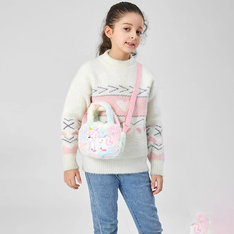 Kinder stickerei Einhorn Plüsch Cross body Geldbörsen und Handtaschen kleine Mädchen Regenbogen flauschige Geldbörse niedlichen Cartoon pelzigen Umhängetasche