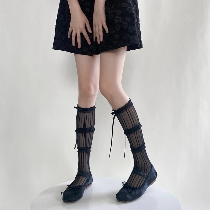 Womens Calf Socks, Sweet Girl Lace Ruffle Knee Socks Fashion Ladies Girl Princess Mesh Socks Japanese Stockings